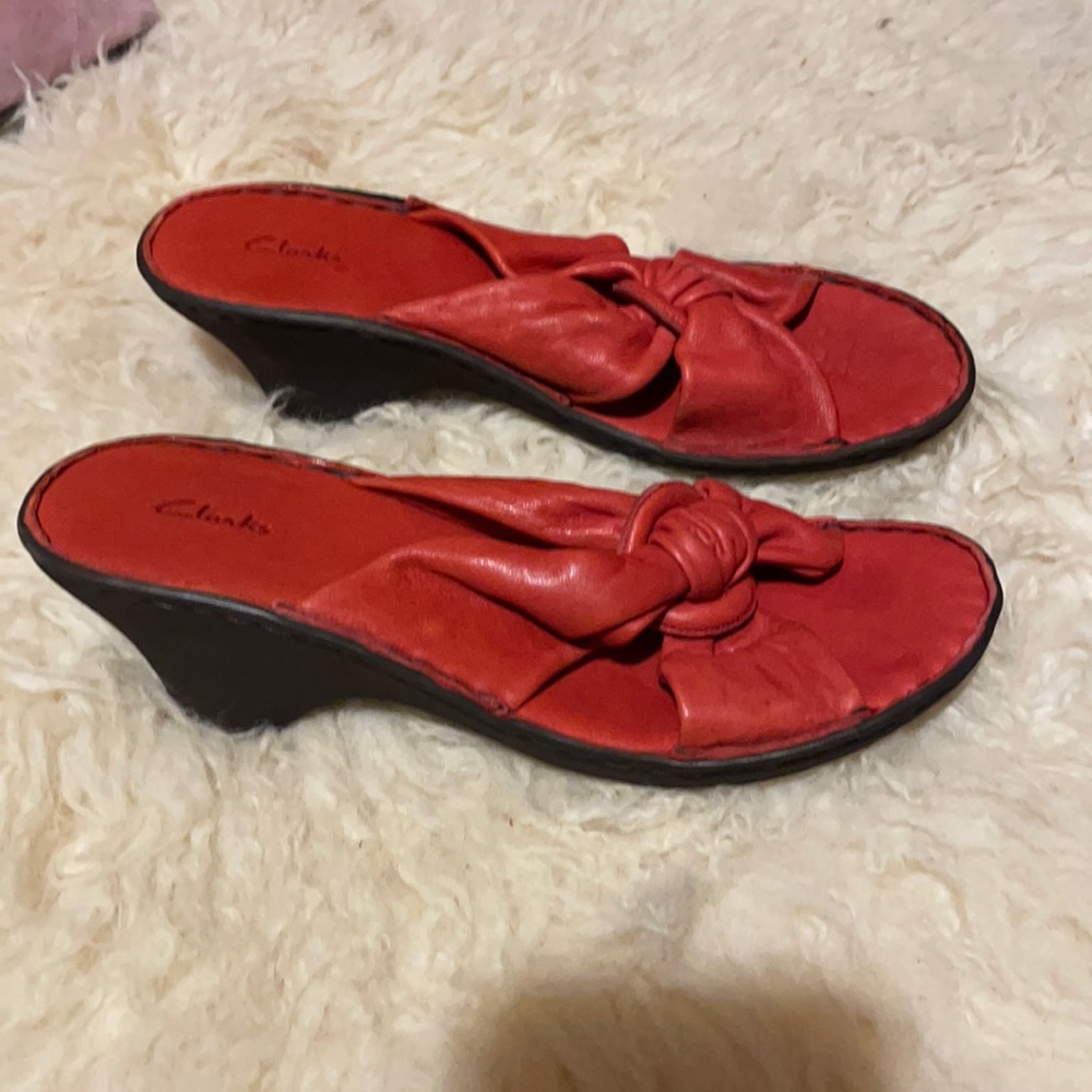 Clarks red leather mules